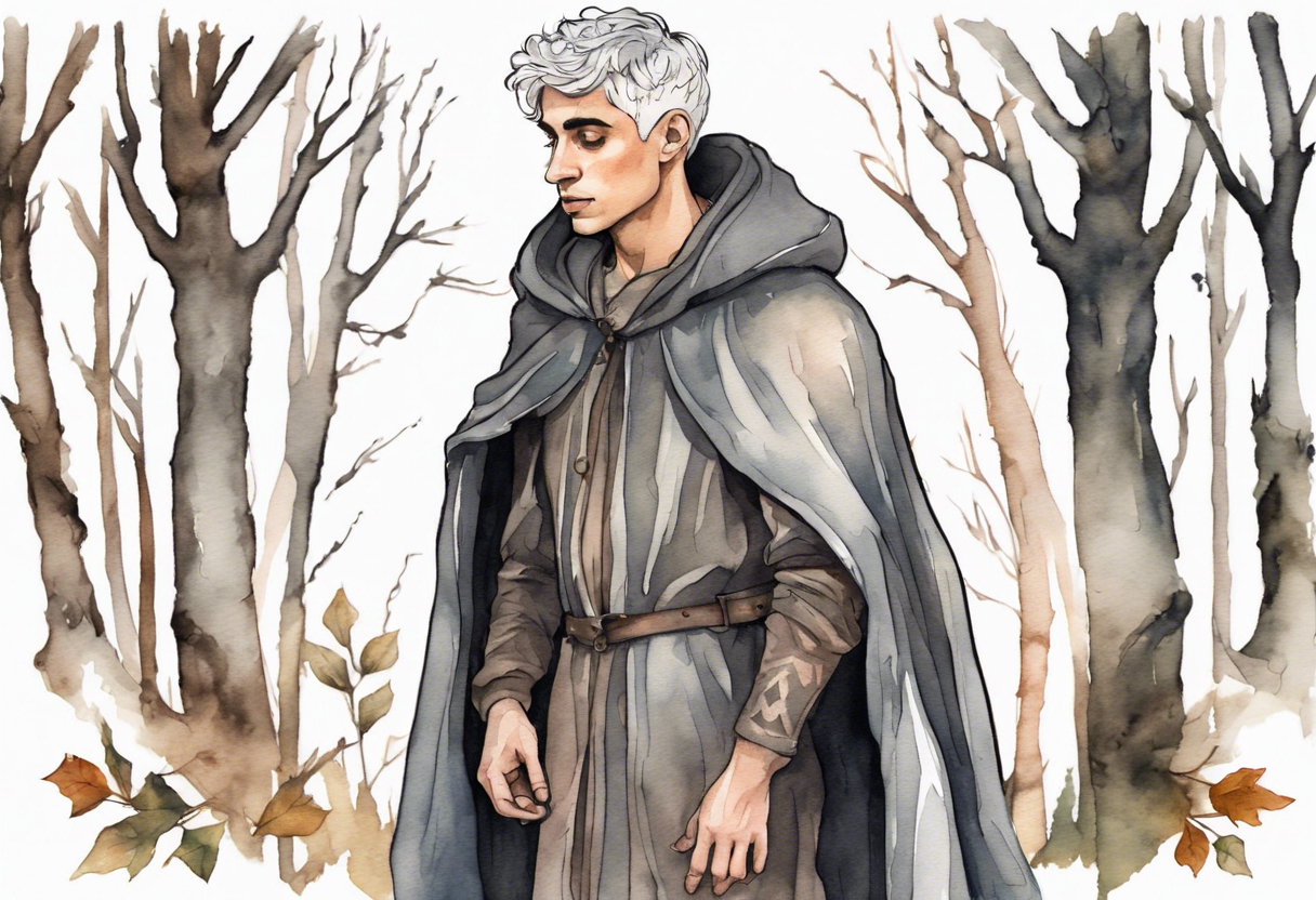 a sad Tan France wearing a grey medieval cloak standing in a birch forest tattoo idea