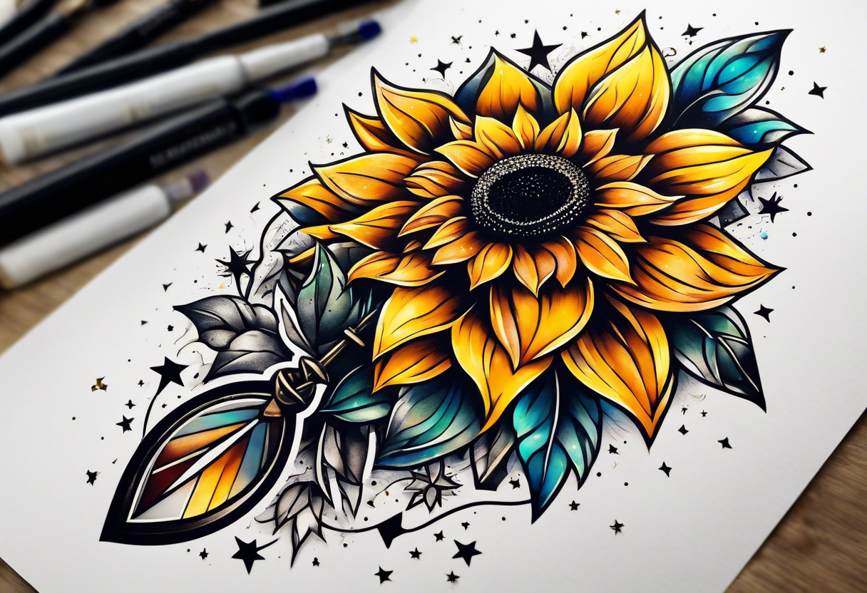 small sunflower surrounded by cosmic stars and arrow tattoo idea