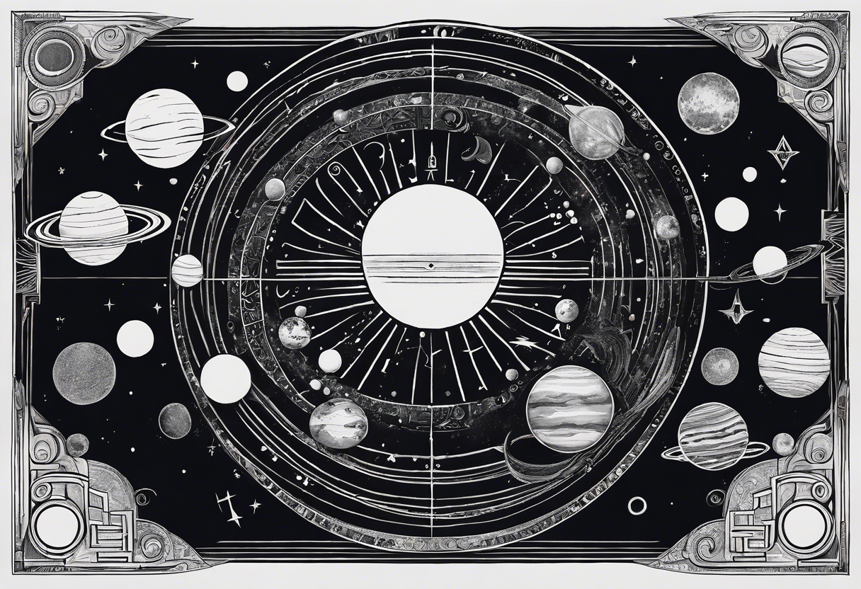 An symbolist representation of the solar system with mysterious hieroglyphs from an unknown language tattoo idea