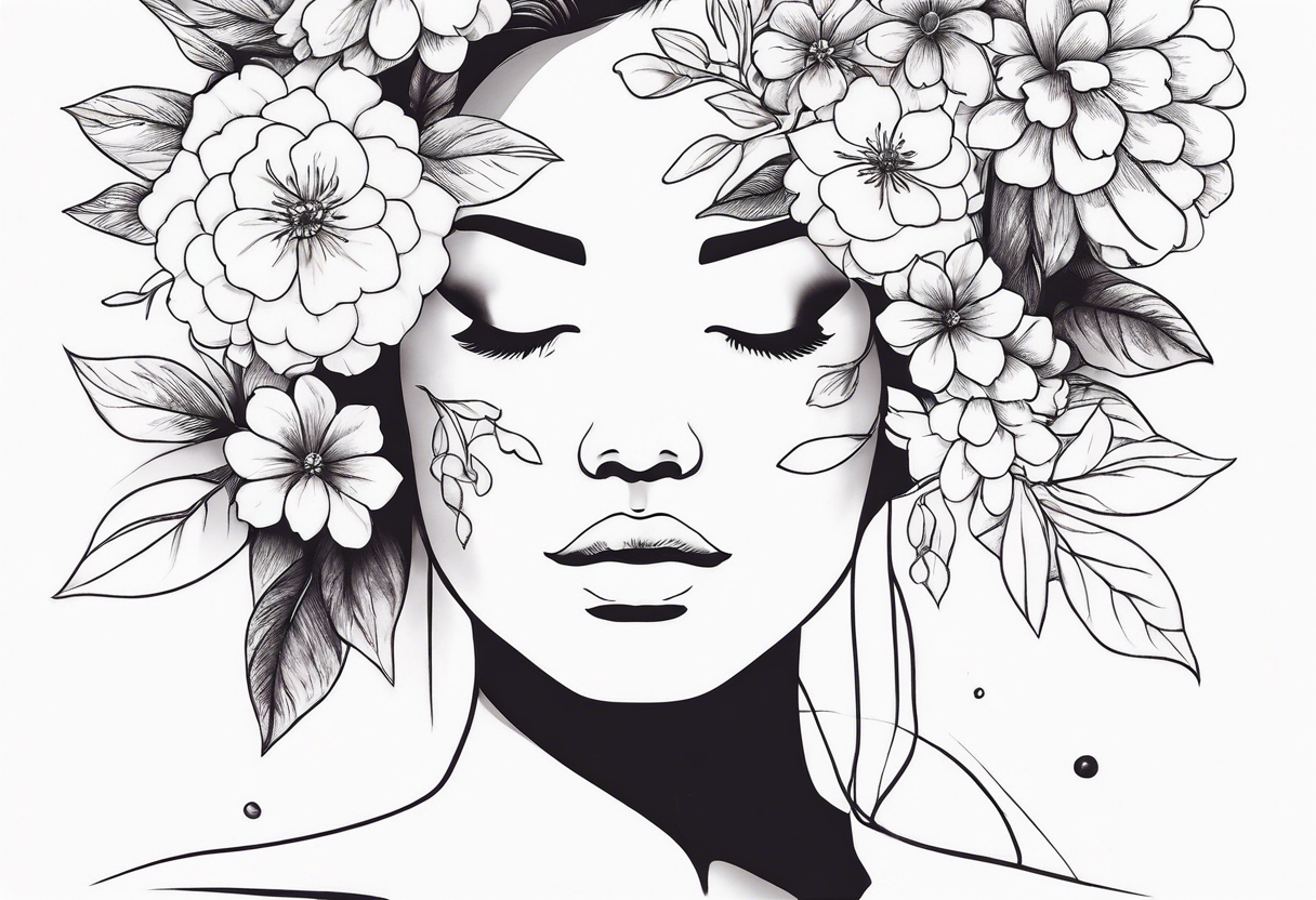 fine line tattoo with woman facing forward flowers covering her eyes and forehead with flowers growing out of her head tattoo idea