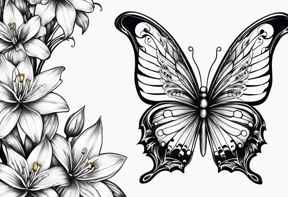 Butterfly with one side of the wings as angel wings, the other  wing shaped out of lily flowers. Add daffodil and daisy’s around the top and bottom tattoo idea