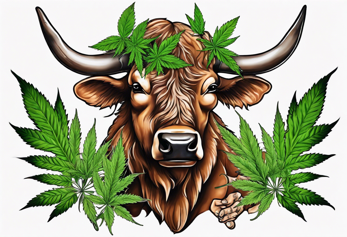 Taureau avec cannabis et qui bois whisky tattoo idea