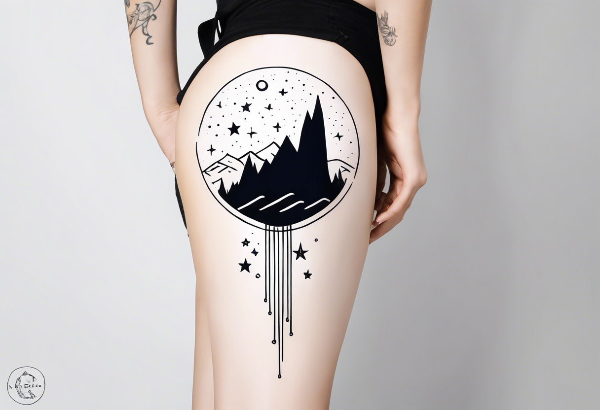 Minimalist tattoo for back and neck with straight line going up beck depicting saying “keep your feet in the ground and your eyes on the stars” tattoo idea