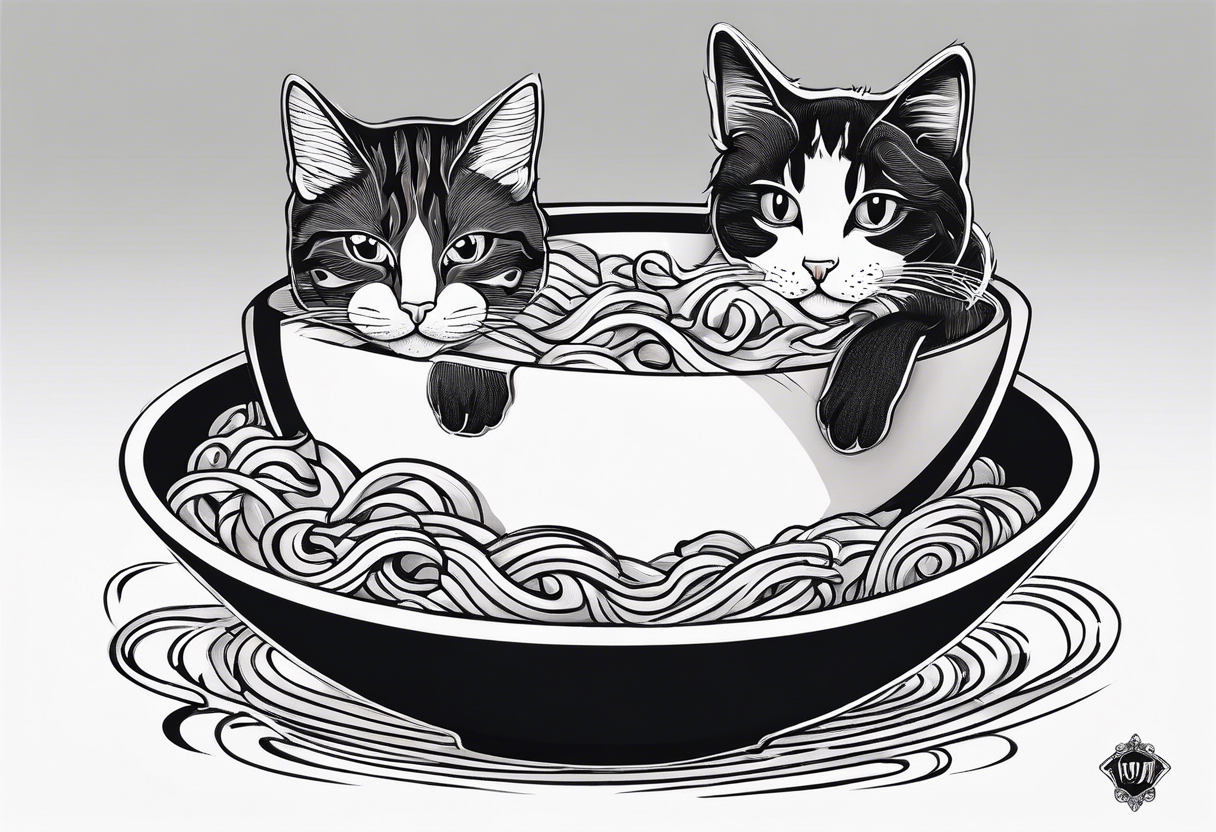 Two tabby cats peaking over the edge of a noodle bowl with noodles pouring out the side tattoo idea