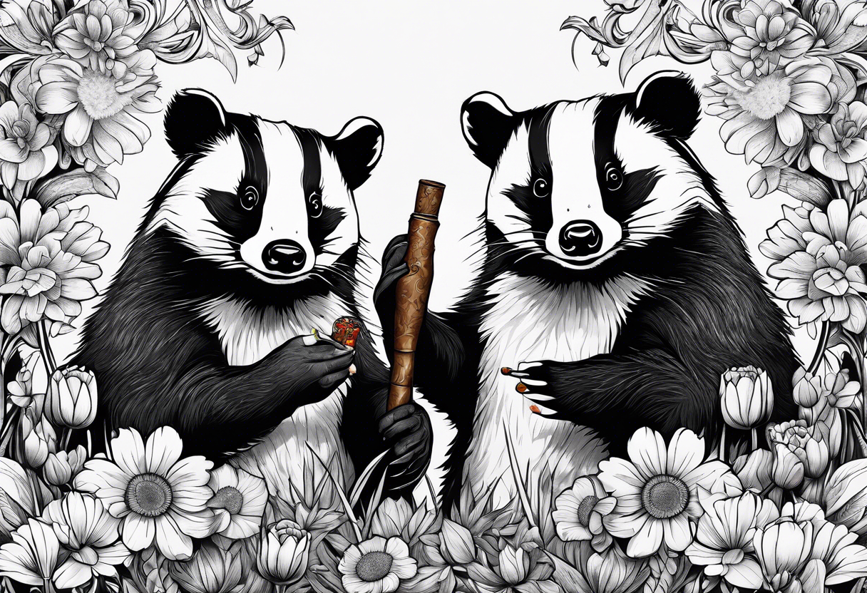 Trippy, pair of badger siblings in a field of flowers one holding a cigar and the other holding a lighter tattoo idea