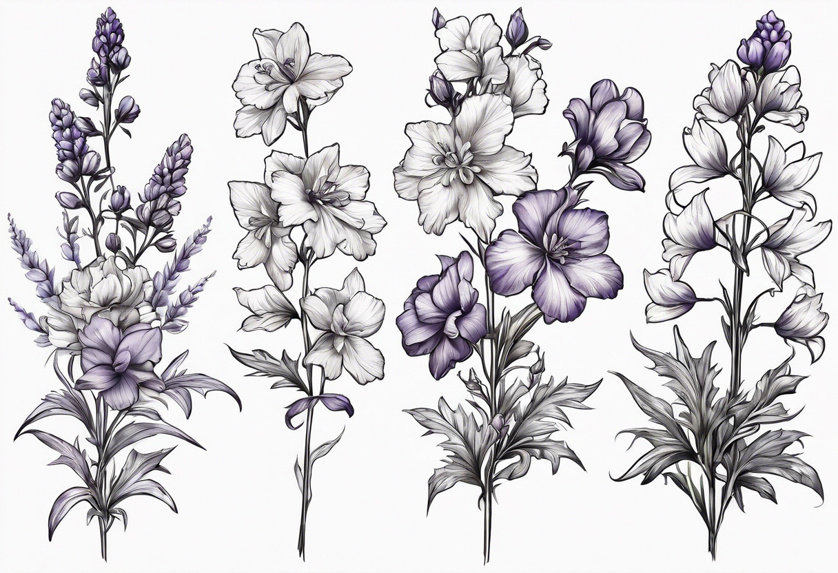 larkspur with stem, carnation with stem, violet, with stem, daisy with stem and tied together with a bow tattoo idea