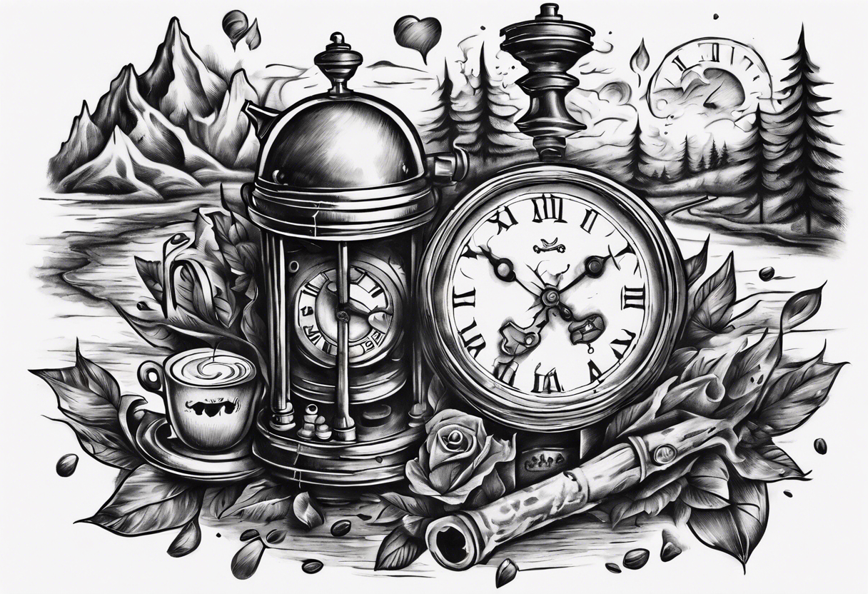 mounting landscape.
In a middle an antique clock at 9:44pm. across the tattoo a cinema film. game of poker 4 cards. a old walking stick and 
Italian Mokka coffee maker. tattoo idea