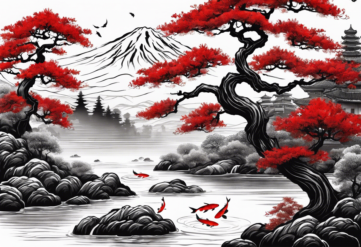 Red japanese oak tree next to a river with koi fish tattoo idea