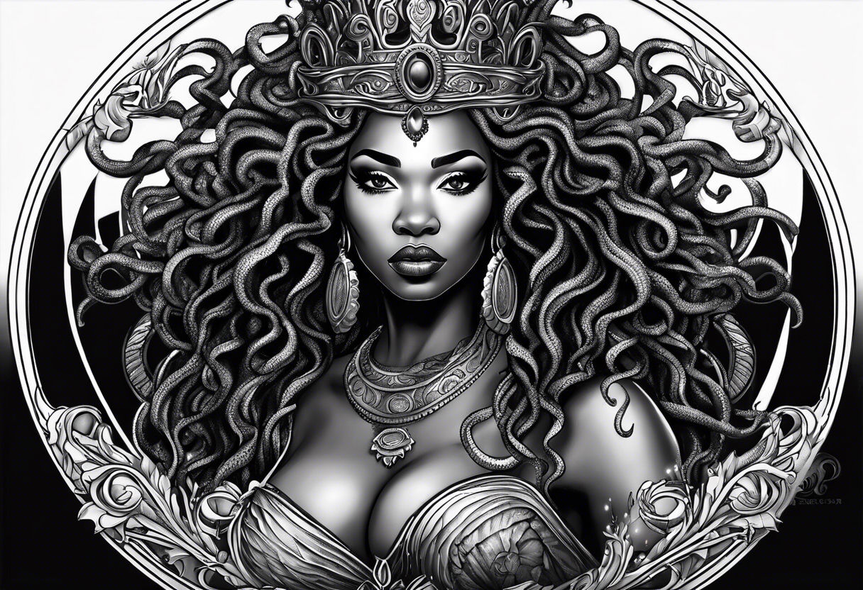 A black African queen Medusa with no eyes tattoo idea