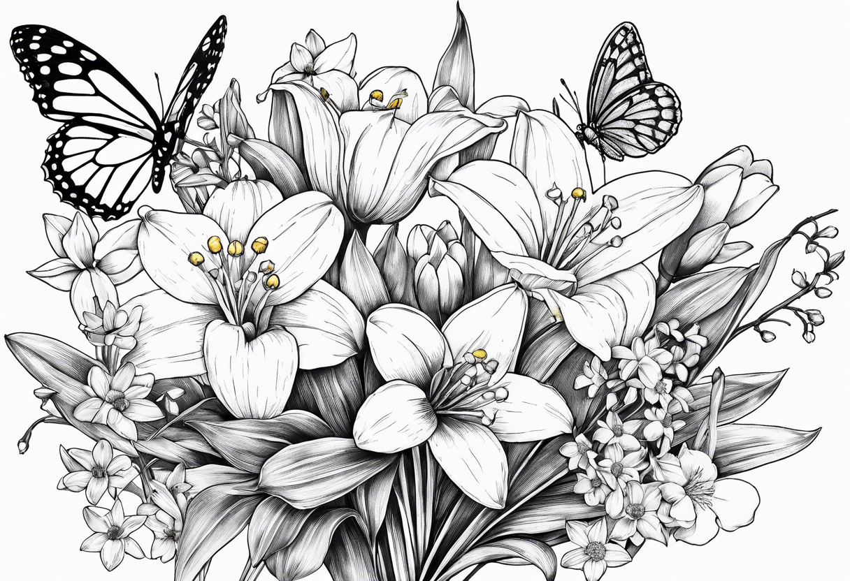 Fine line 
lily of the valley, daisy and daffodil bouquet with butterfly 6-8 inches bi tattoo idea