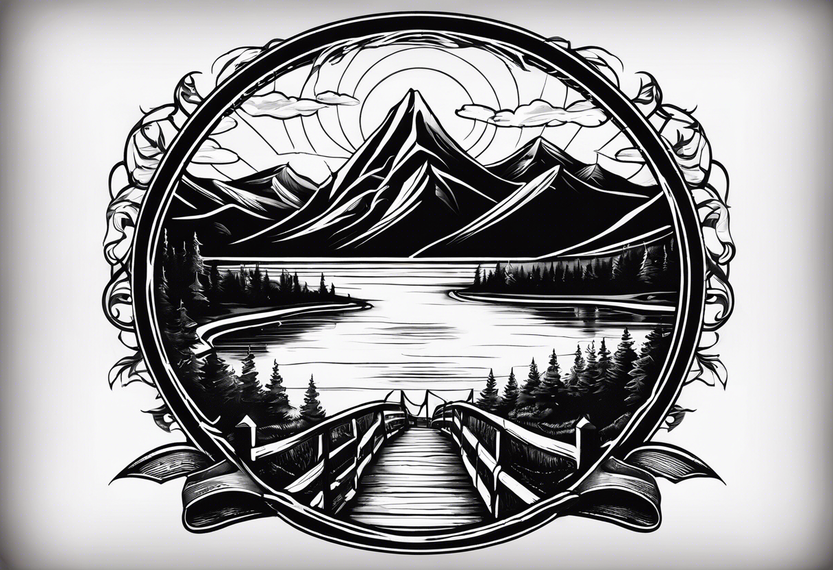 a road that is less traveled with a mountain and lake with the word "Hark" in a banner in a circle tattoo idea