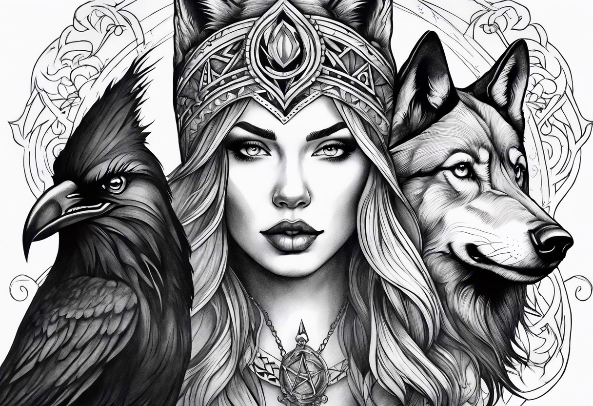 A Wolf with a witch and a raven tattoo idea