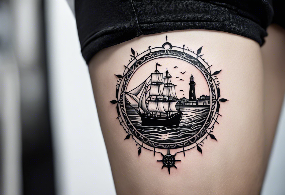 This tattoo depicts the city of Odesa. The main symbols of this city are a ship's wheel, a lighthouse, the Potemkin Stairs, and the sea. The placement of the tattoo is on the front of the thigh. tattoo idea