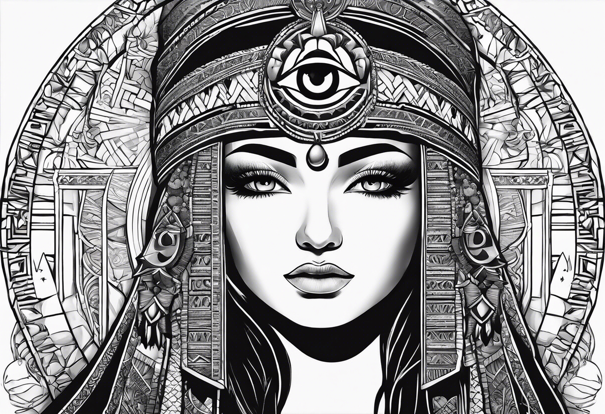 girl with eye of horus behind hierogliphlic wall tattoo idea