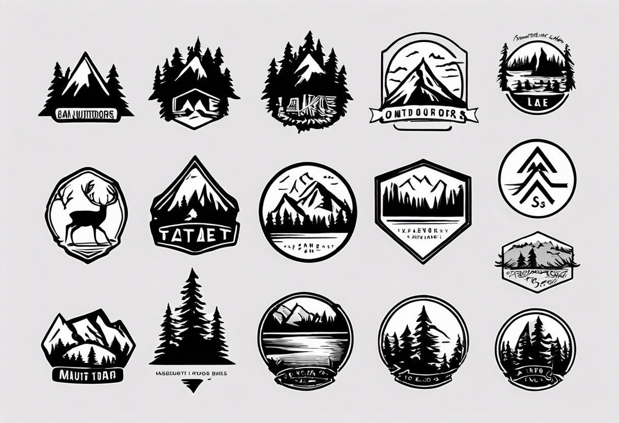 A logo for an outdoors company that includes an "S" and an "M". Includes a mountain, a lake, some trees, and a deer tattoo idea