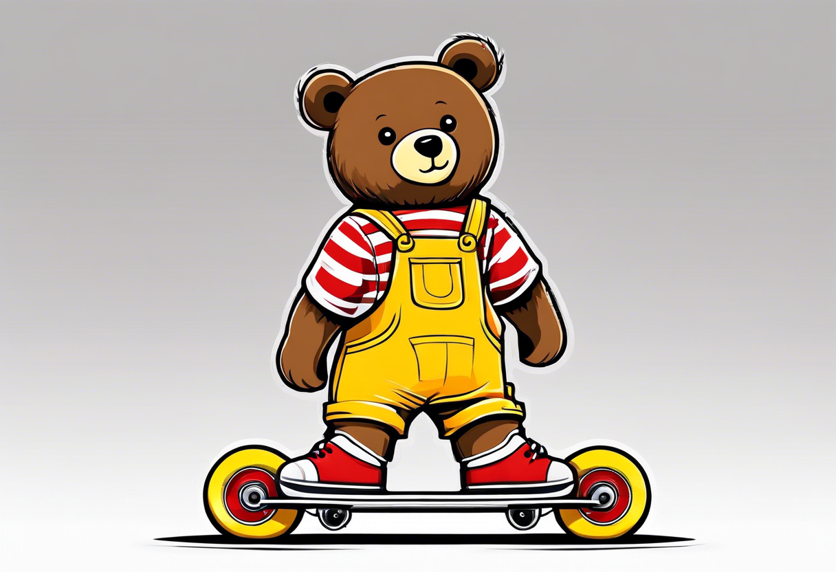 the back of one standing, skinny, brown ,
teddy bear in long, yellow overalls and white roller skates with red stripes on his feet tattoo idea