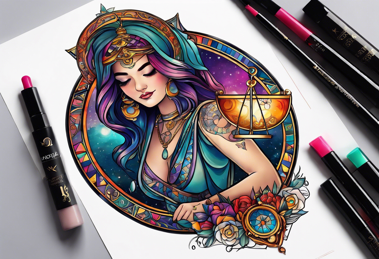 Libra woman holding scales with a night zodiac background including a half moon that encircles half of the woman with vibrant colors tattoo idea