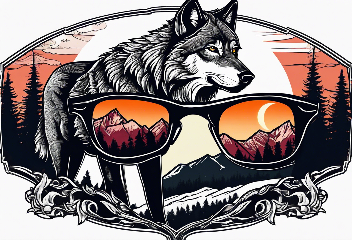 Wolf wearing sunglasses
Mountain peaks
Dark forest
Sunset
Moon tattoo idea