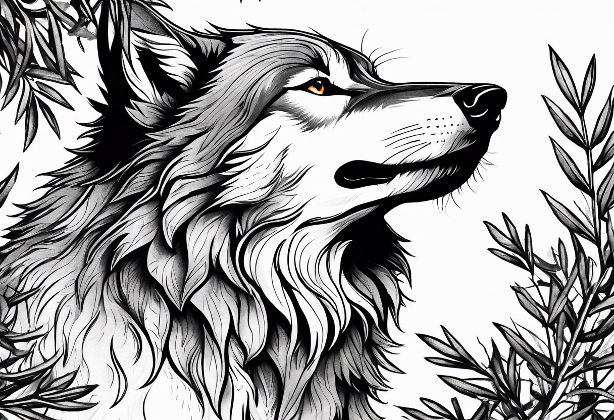 realistic howling wolf drawn with olive tree branches and leaves tattoo idea