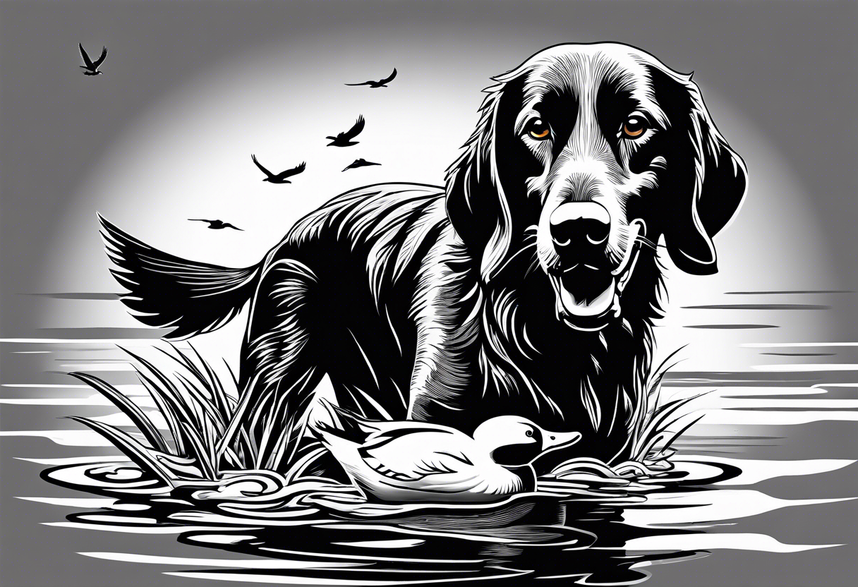 bird dog retrieving duck from marsh in its mouth tattoo idea