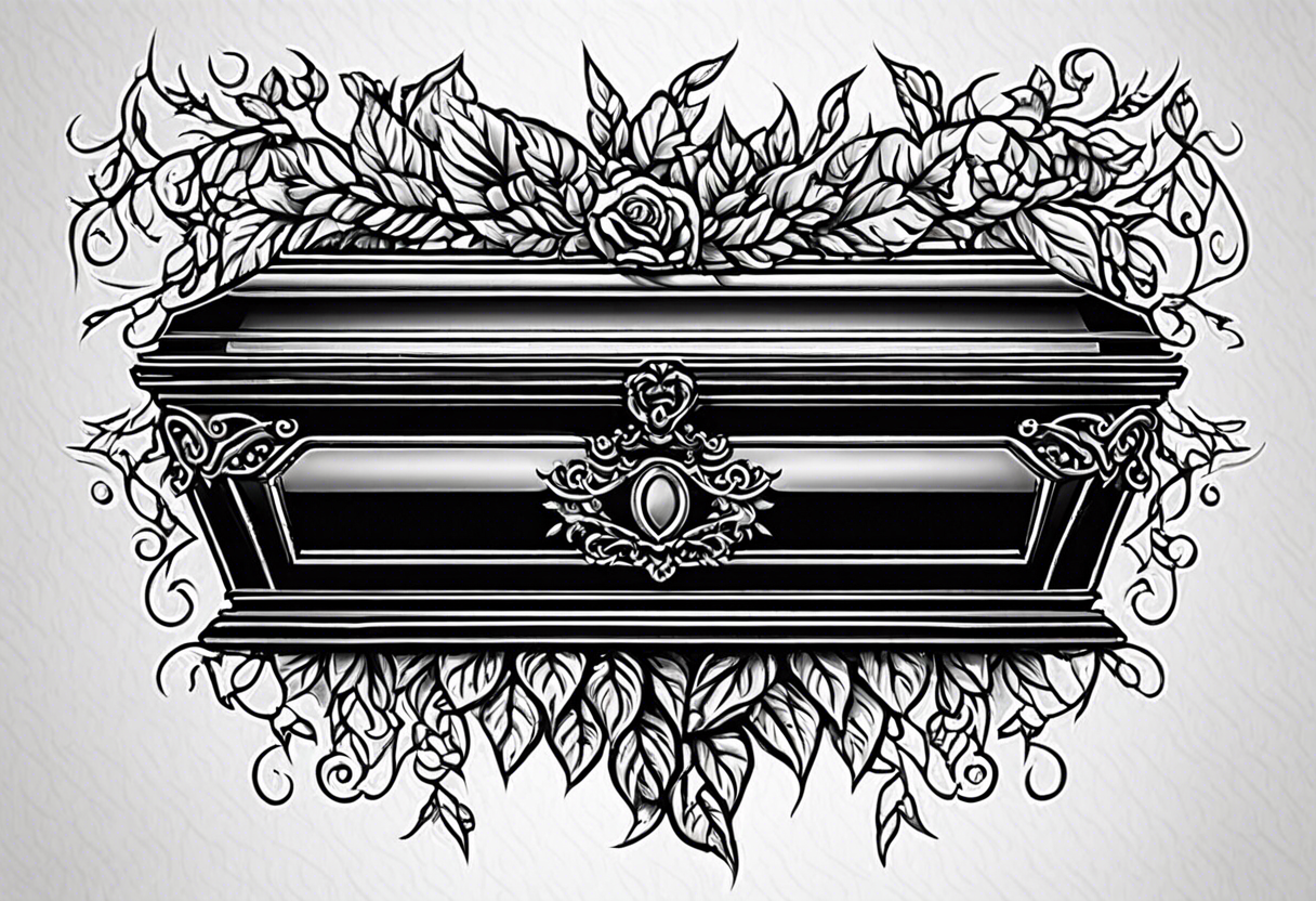 Coffin surrounded leafy vines tattoo idea