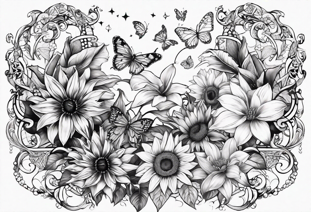 Forearm half sleeve with lilly sunflower flowers & small butterflies incorporating the names Harvey & Ruby with stars, books, fantasy & dragons themed tattoo idea