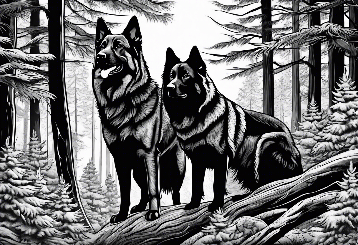 two norwegian elkhounds guarding a dark forest tattoo idea