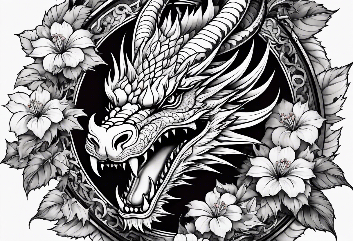 Drache mit Kirschblüten auf den ganzen Bein länglich tattoo idea