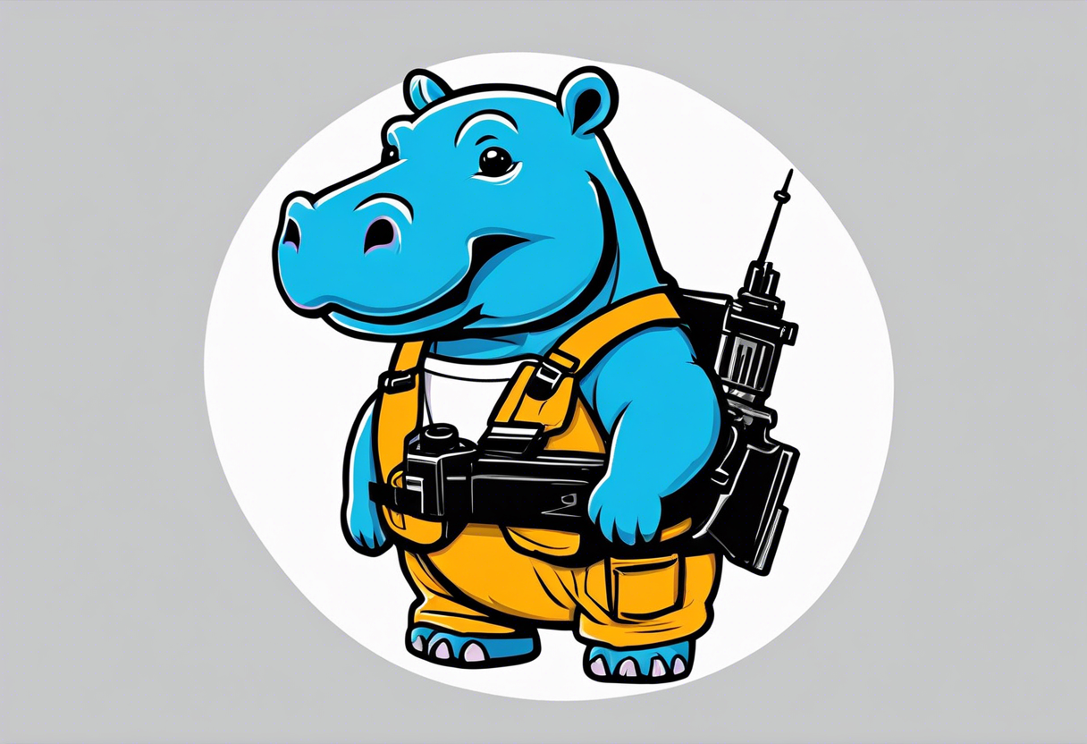 Baby hippo wearing overalls with bandolier over chest and holding a machine gun tattoo idea