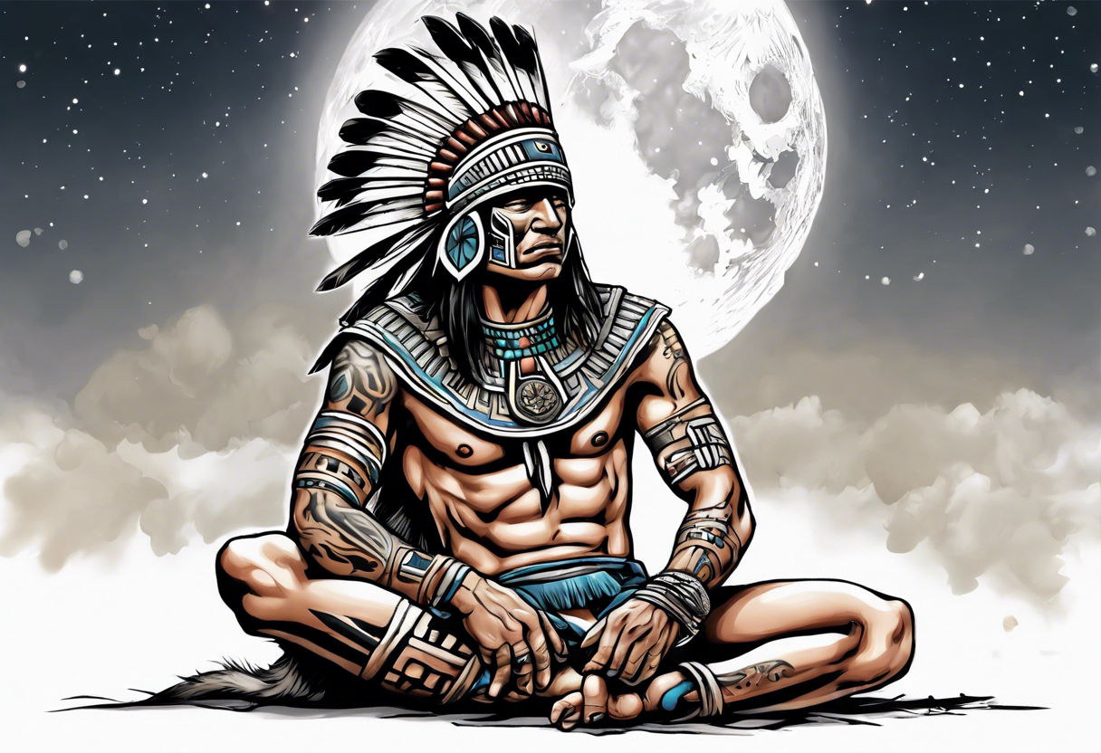 a heartbroken, tired, aztec warrior seeking peace after fighting for decades kneeling under the moonlight looking up to the sky tattoo idea