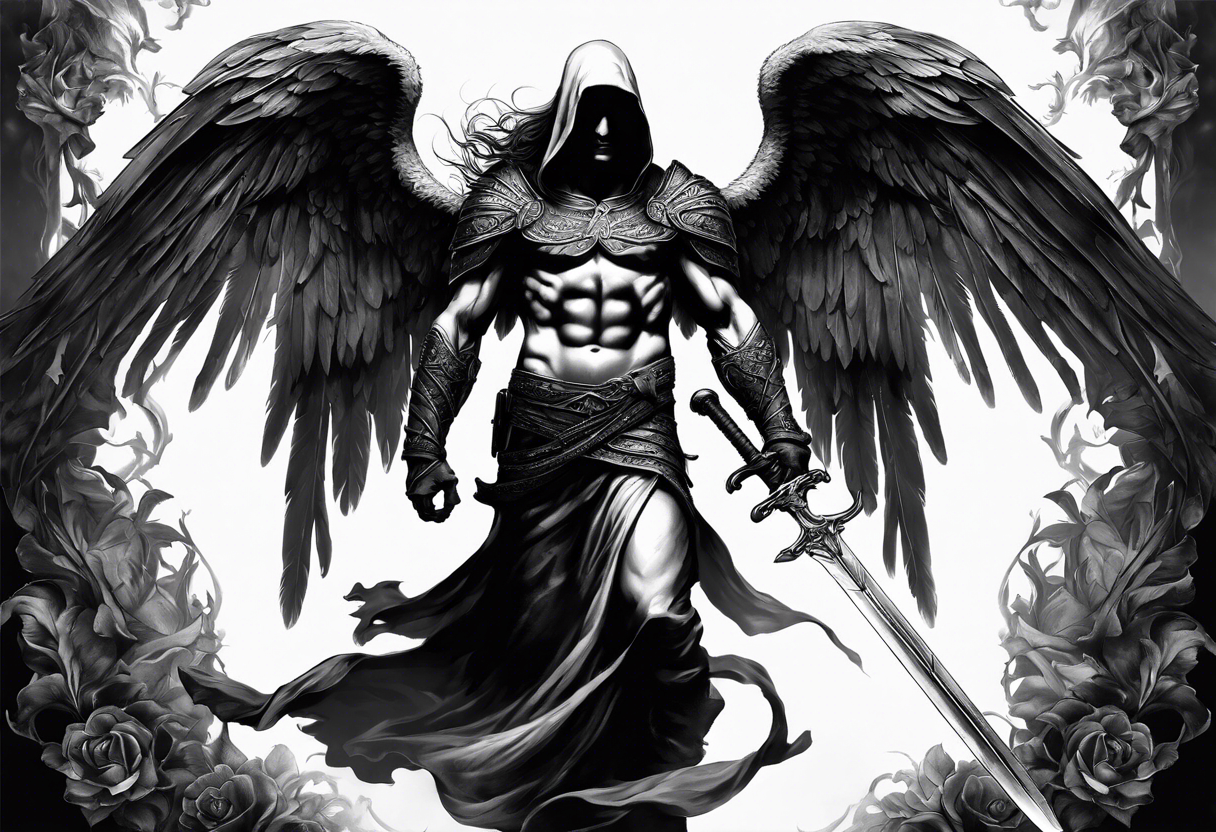 realistic full body of man angel of death, without face, holding sword tattoo idea