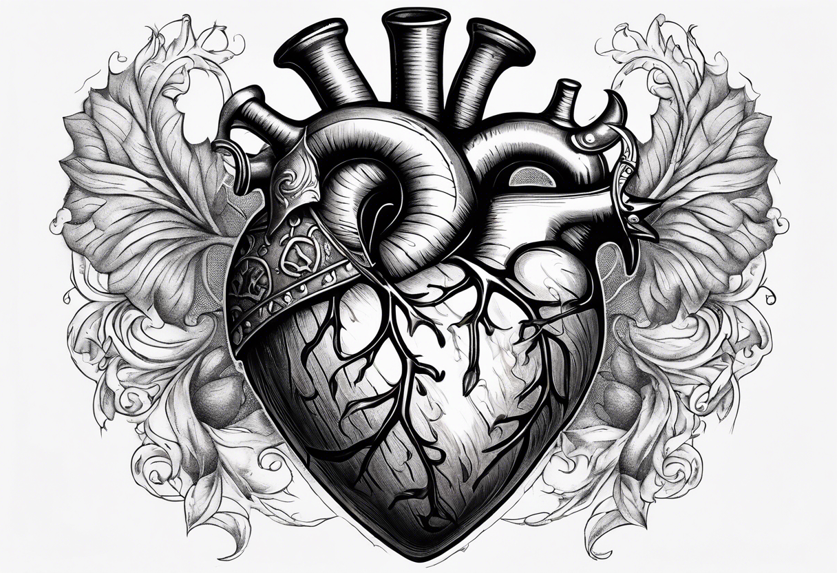 real looking anatomically correct heart that appears to be alive and pumping blood with an ancient anchor penetrating completely through it tattoo idea