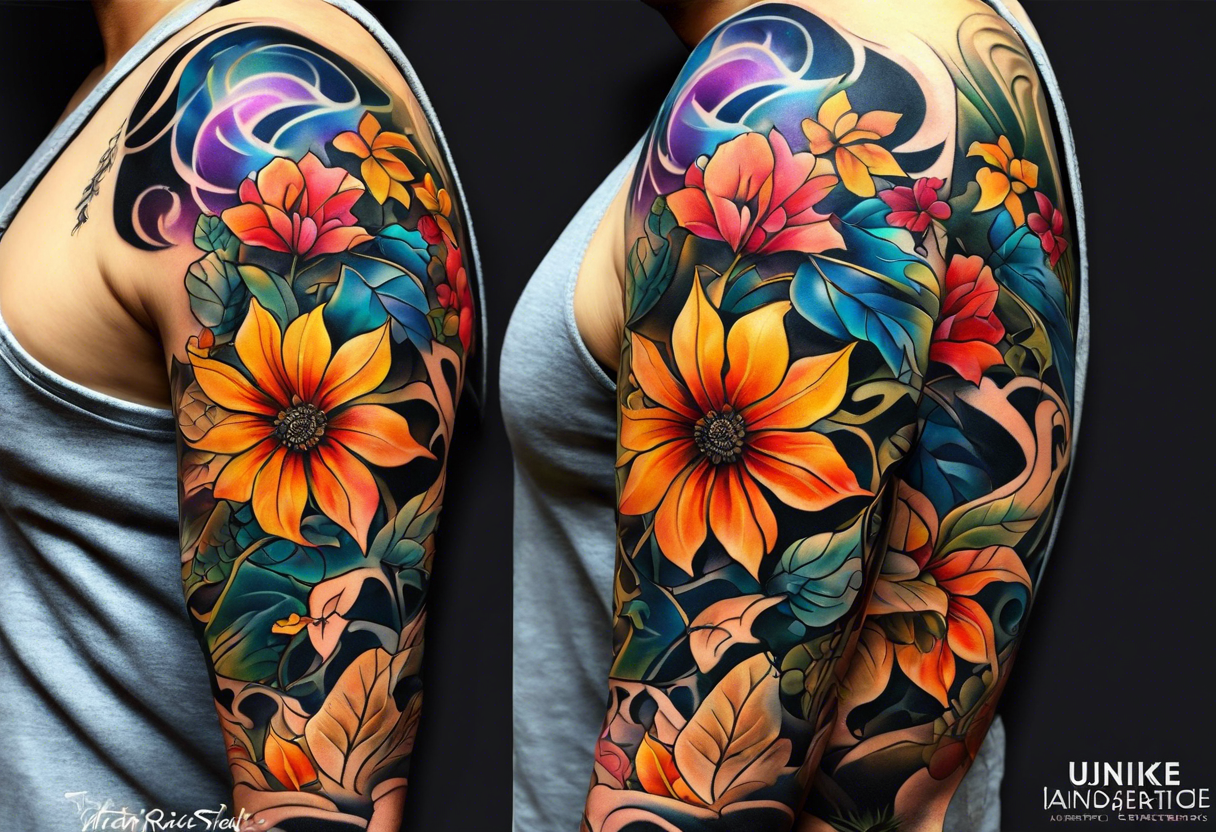 arm sleeve with fall colors, flowers, water flow shapes, leaves and various natural shapes, music notes, skulls tattoo idea