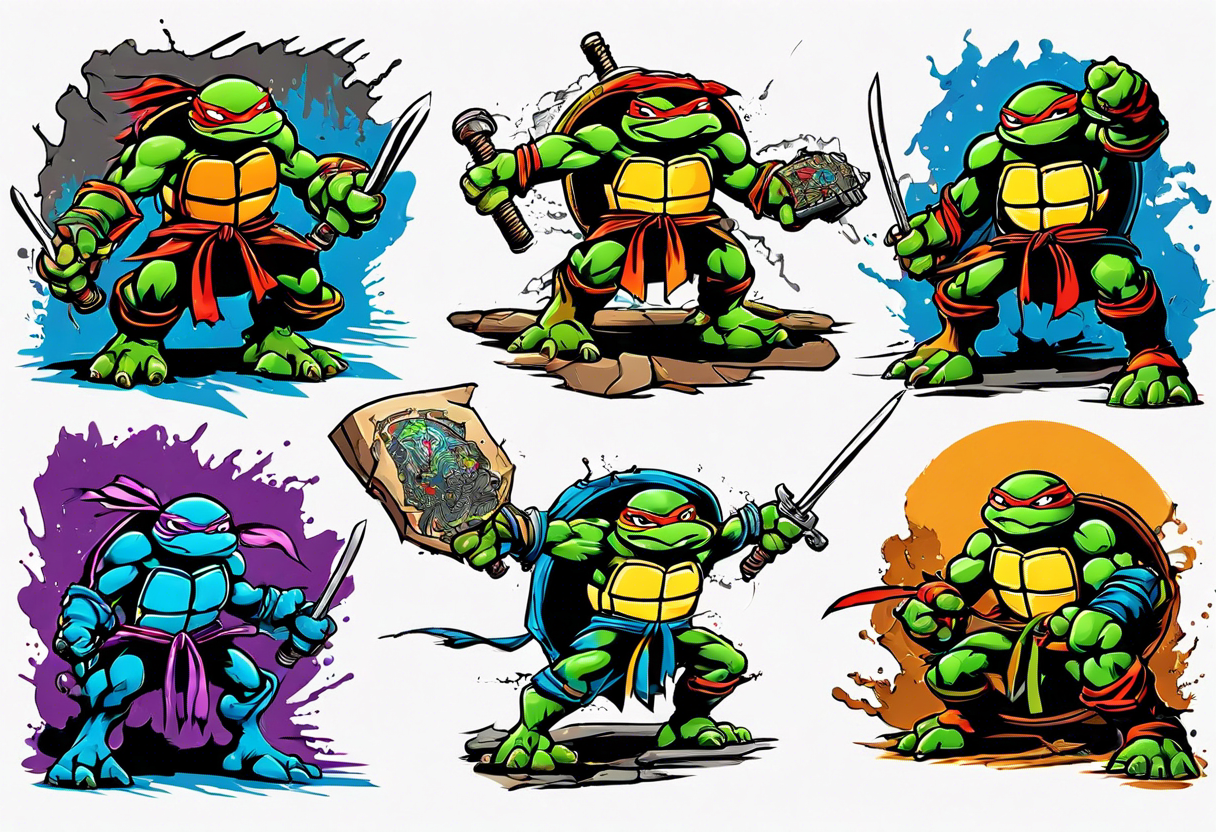 all four teenage mutant ninja turtles fighting enemies in a cityscape tattoo idea