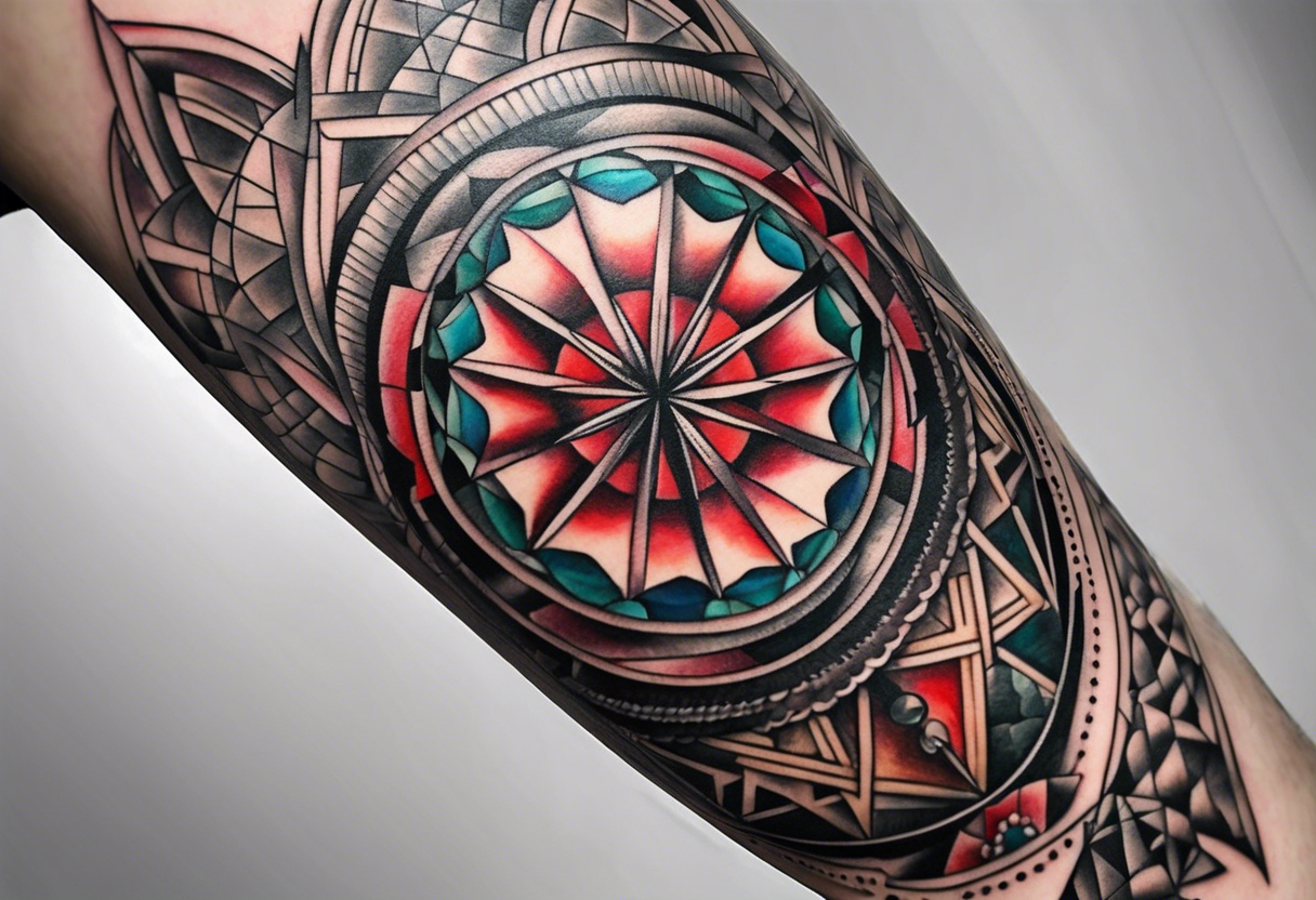 Knee tattoo with tints of red and sacred geometry tattoo idea