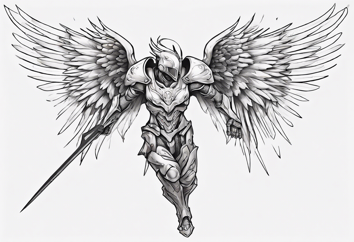 Side view of a lite angel wearing inorganic armor that is in mid-air ready to attack tattoo idea