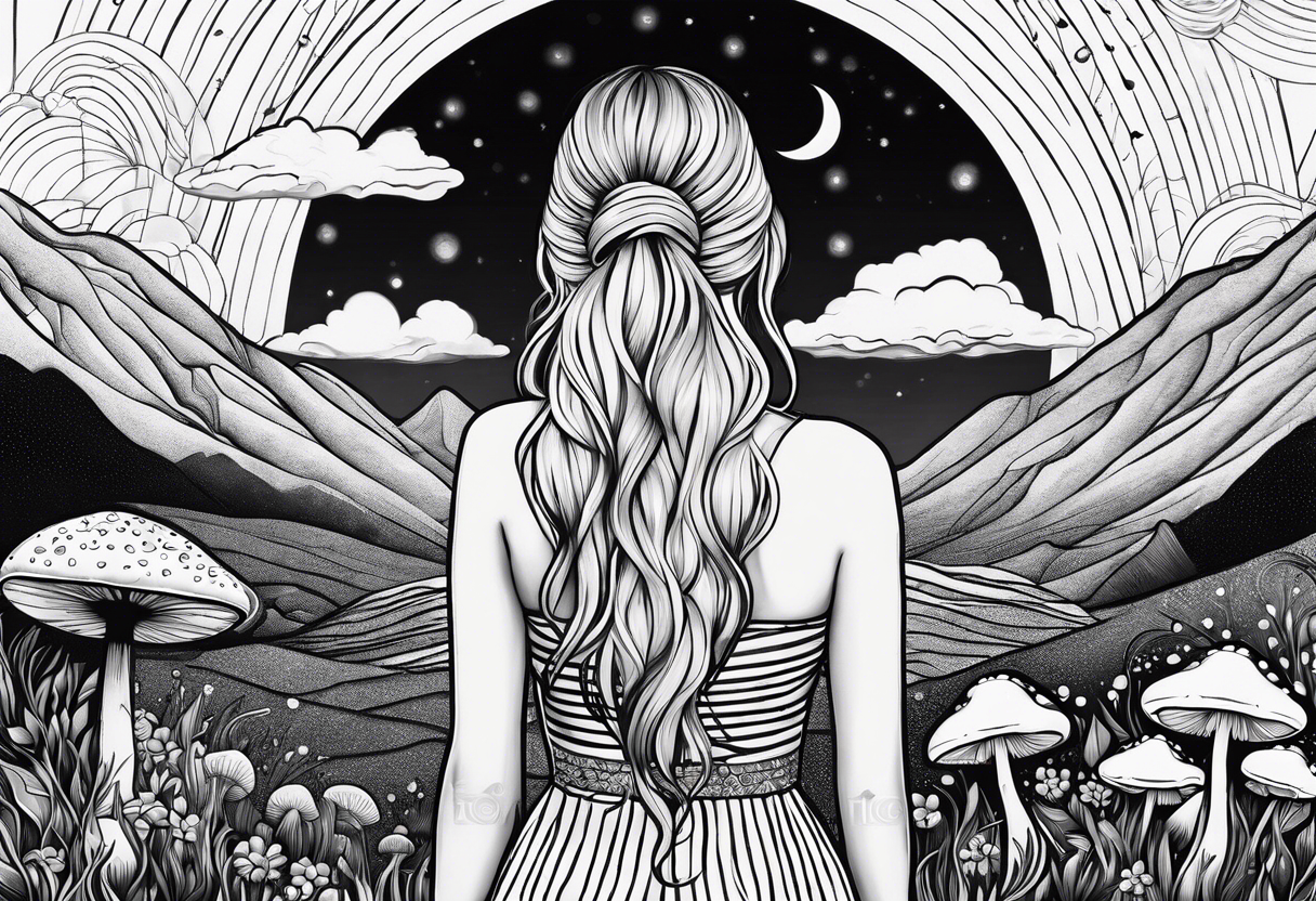 Straight blonde hair girl facing away toward mountains surrounded by mushrooms crescent moon mandala circular design black and white striped dress infinity symbol tattoo idea