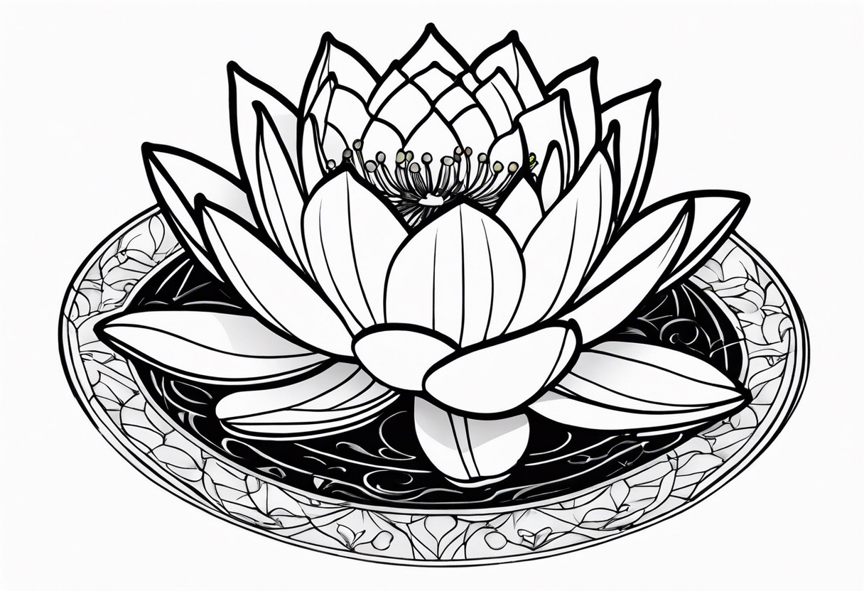 Water lilly on top of hour glass with black background tattoo idea