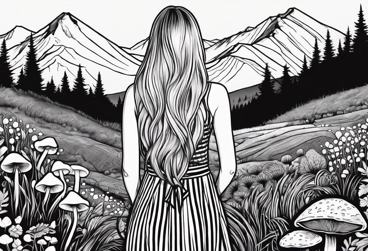 Straight long blonde hair hippie girl in distance holding mushrooms in hand facing away toward mountains and creek surrounded by mushrooms black and white striped dress tattoo idea