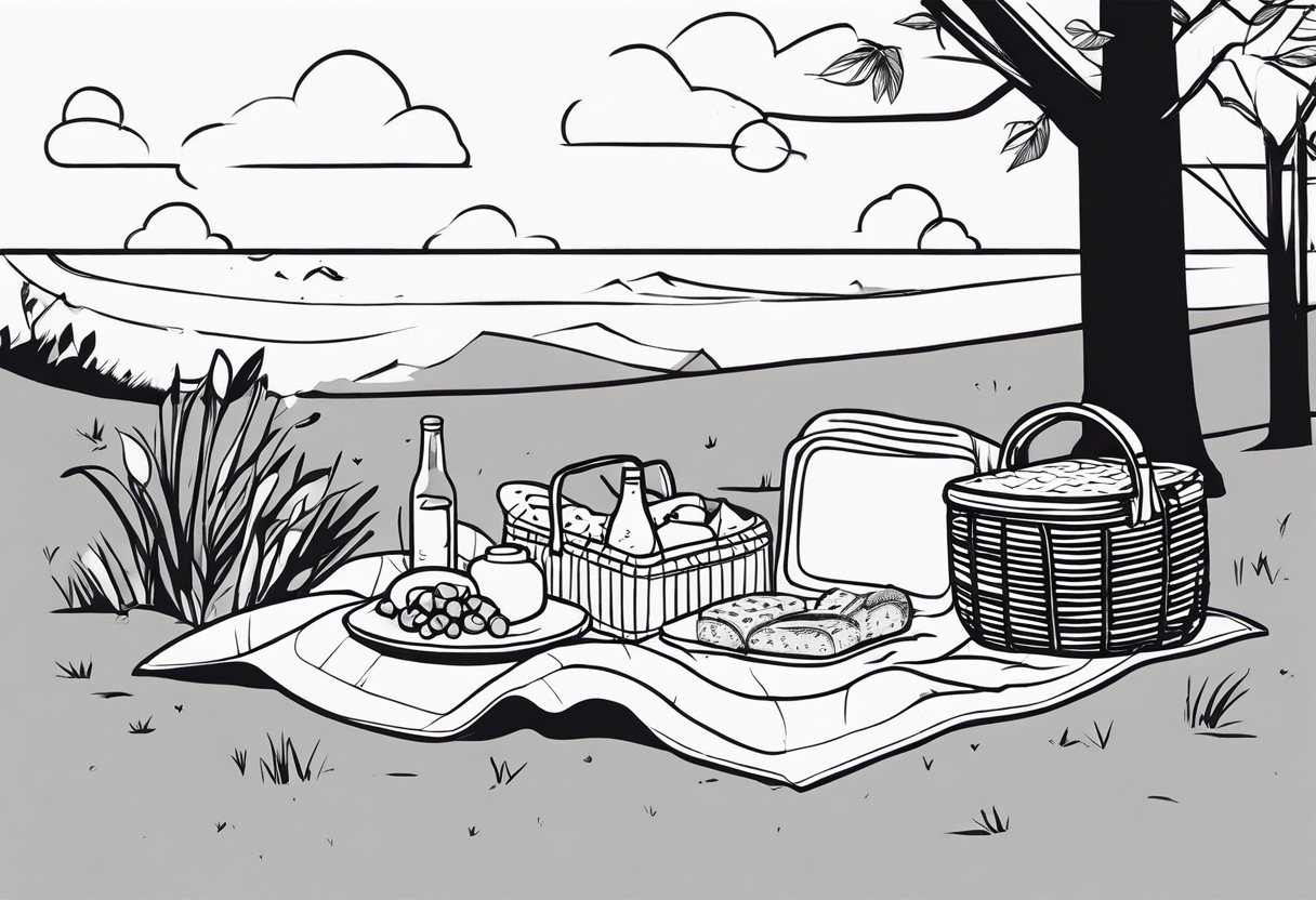 Black and white minimalstic picnic scene in nature. A blanket on the ground with picnic-basket with lid, pillows and party tennants. Thin lines. tattoo idea