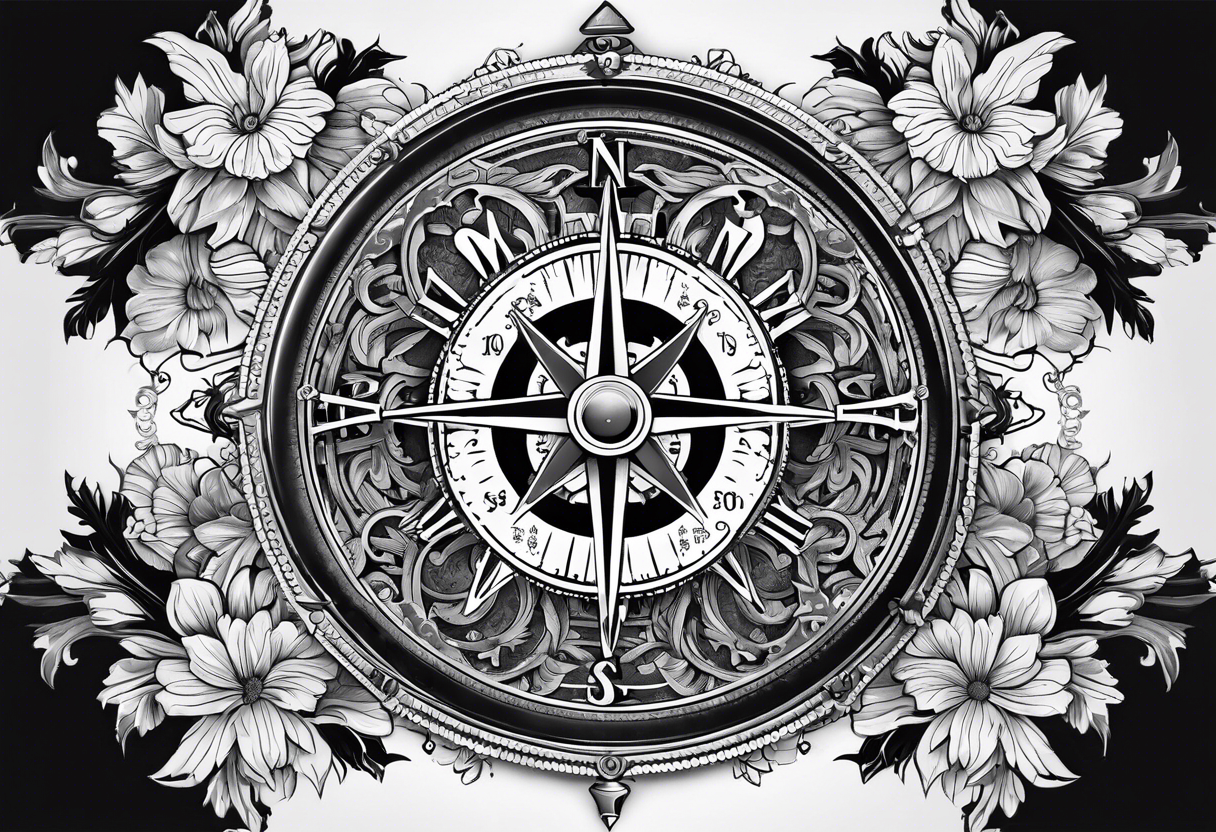 A Vintage compass with gears and marigold flower behind it. tattoo idea