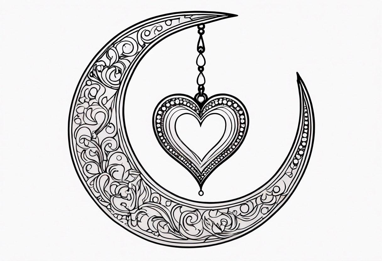 Crescent moon with heart shaped jewels dangling from the bottom of it tattoo idea