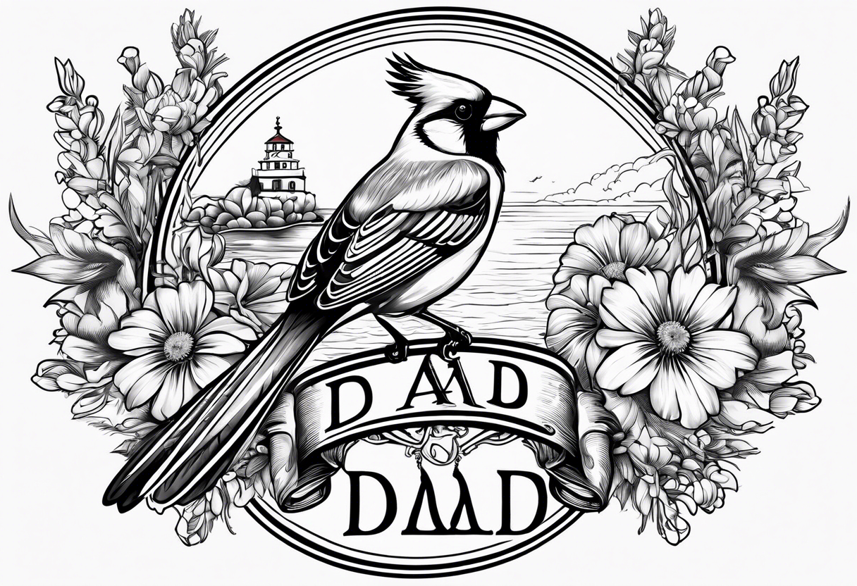 Aster flowers and sea rocket flowers with a cardinal around the words Dad tattoo idea