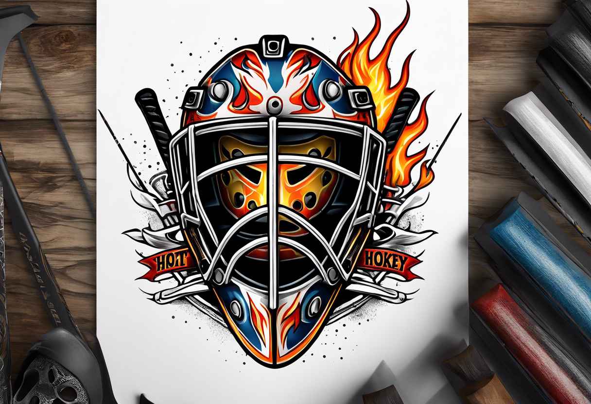 a puck hitting a goalie mask with crossed hockey sticks and flames that says "SHOT HOCKEY" tattoo idea