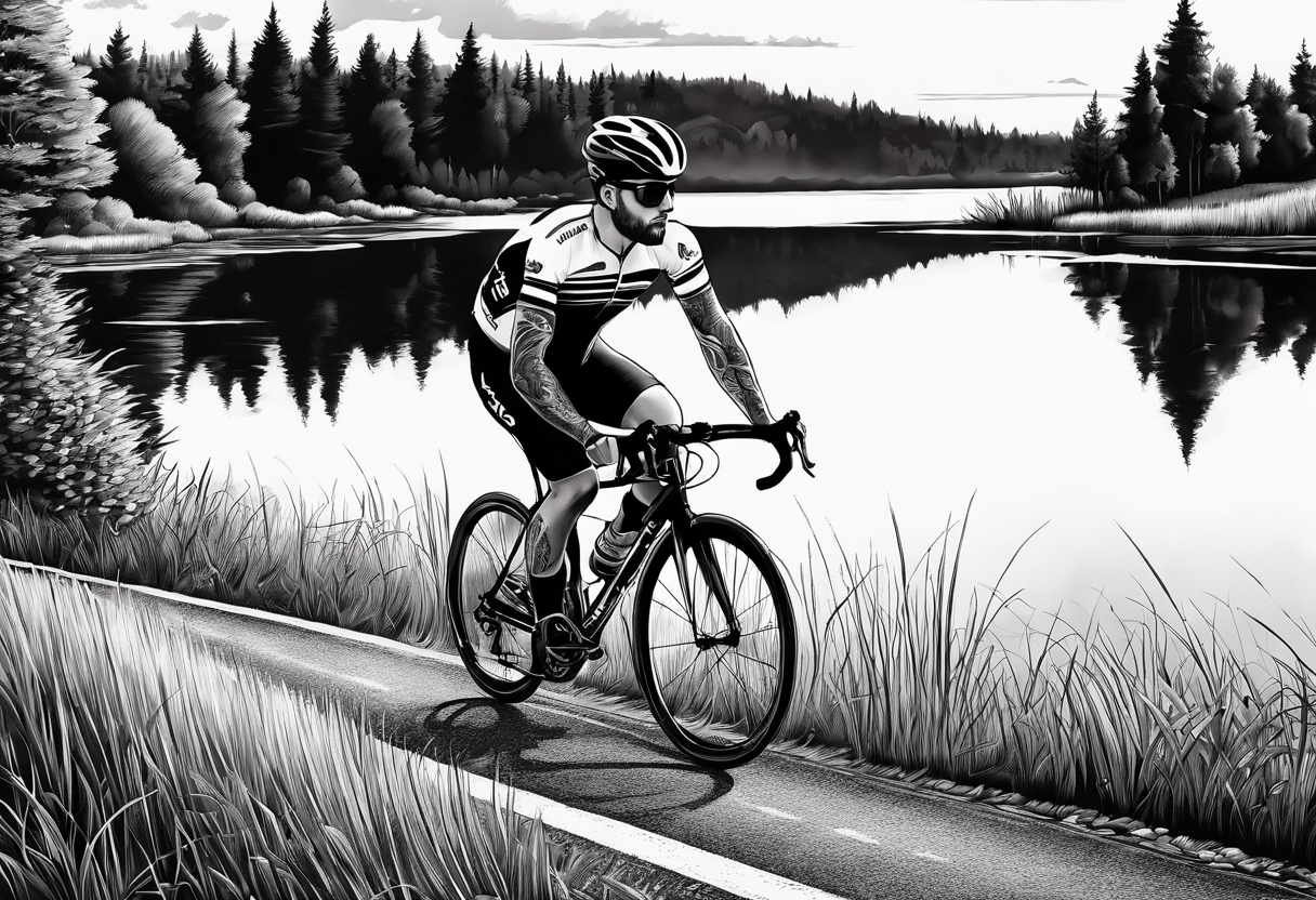 road 
cycling against the backdrop of  a beautiful, serene lake tattoo idea