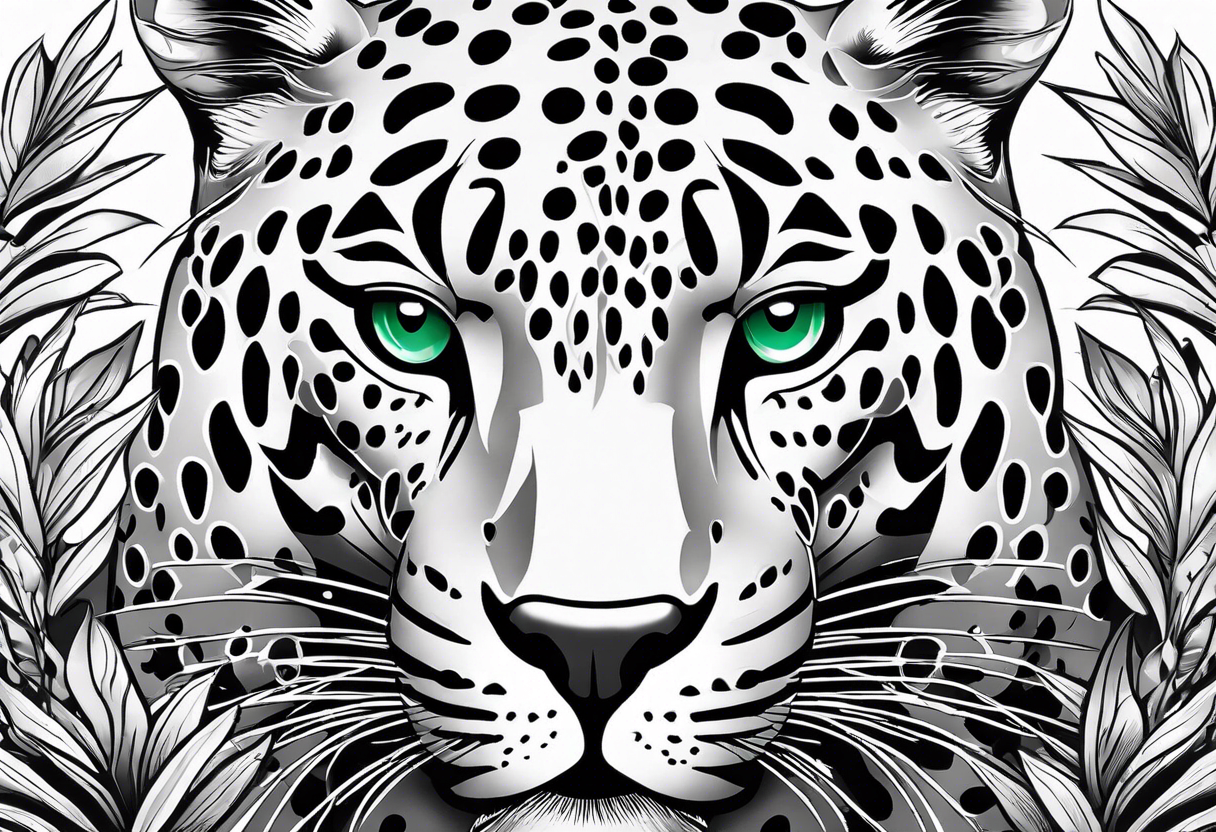 Create and black and grey realistic jaguar walking toward you with rainforest background for a forearm tattoo. Have the jaguars eye colored with emerald green and mouth open tattoo idea