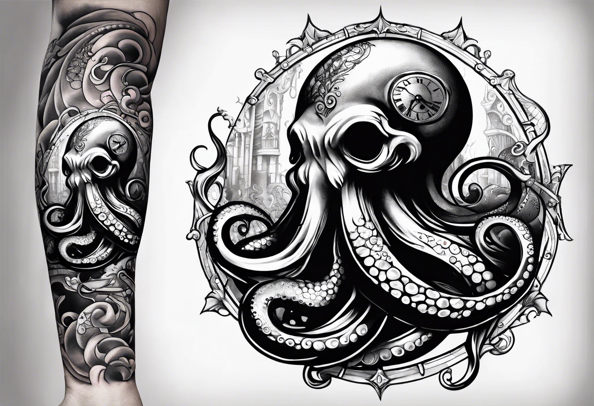 to be drawn in the arm, pocket watch wrapped under an aggressive octopus in side view tattoo idea