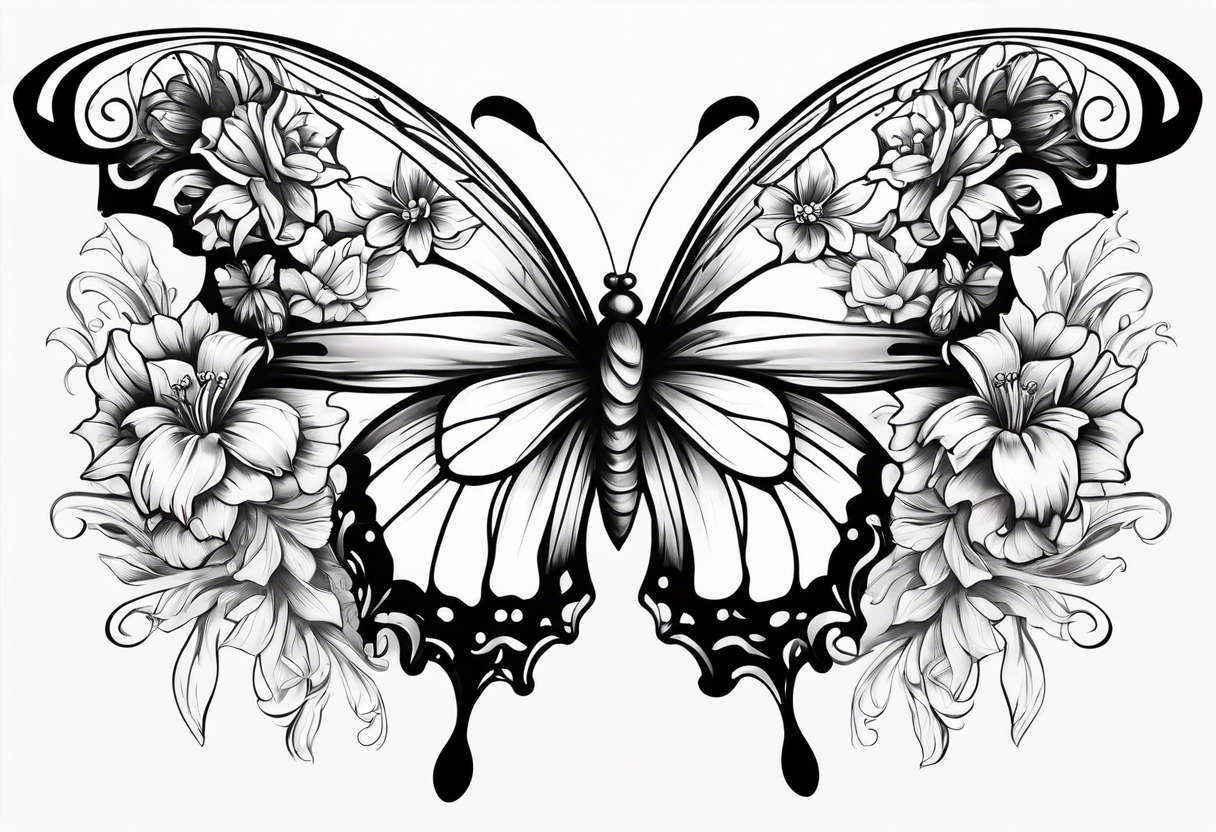 Butterfly with one side of the wings as angel wings, the other  wing shaped out of lily flowers. Add daffodil and daisy’s around the top and bottom tattoo idea