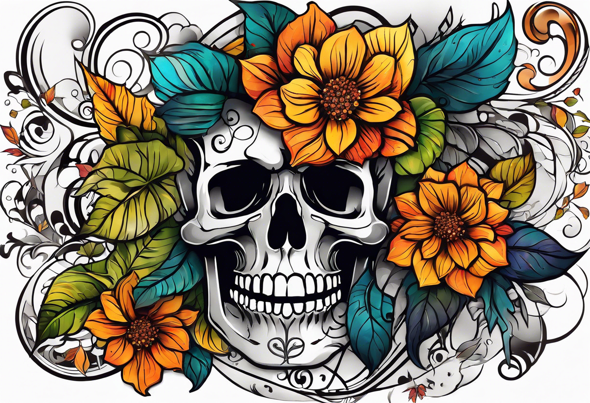 arm sleeve with fall colors, flowers, water flow shapes, leaves and various natural shapes, music notes, skulls tattoo idea