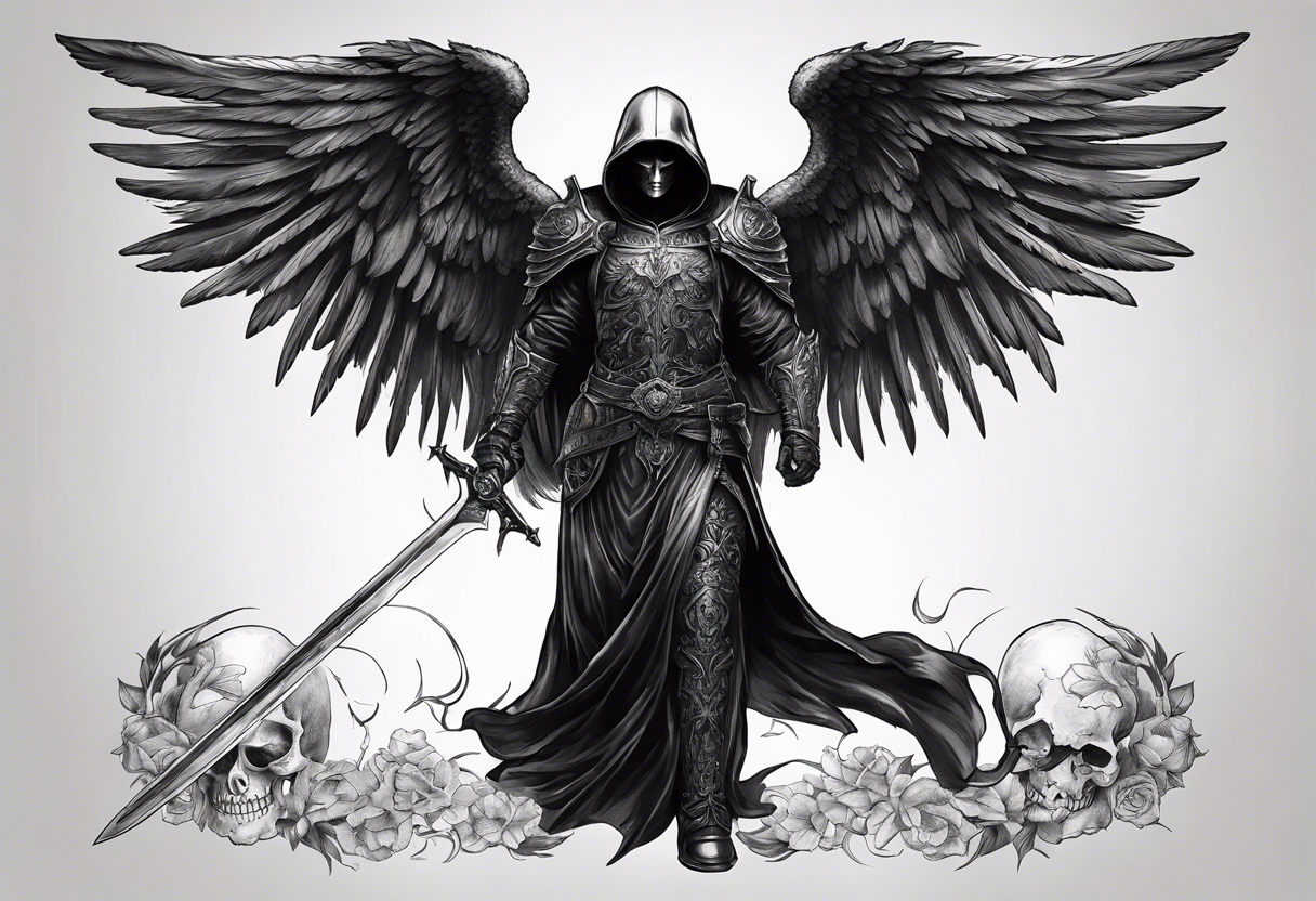 realistic full body of black angel of death, no face, face is not visible, with wings holding only one sword in both hands, the edge of the sword is killing the skull tattoo idea